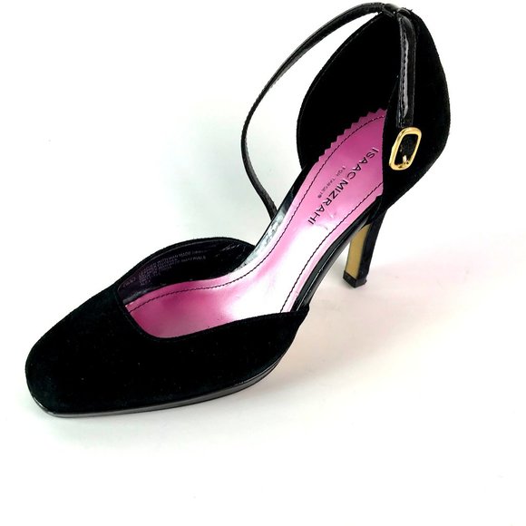 Isaac Mizrahi Black Suede Ankle Strap Pumps with Cut Away Sides - Picture 1 of 7